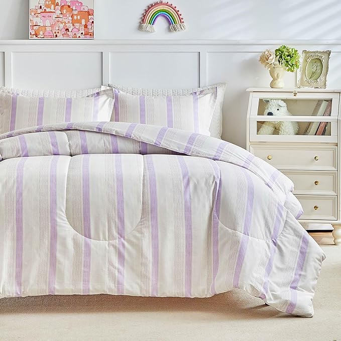 Joyreap 3pcs Cotton Comforter Set Queen, Purple Stripes Stylish Design, Soft Cozy Lightweight Bedding Comforter Set for All Seasons- 88x88 inches