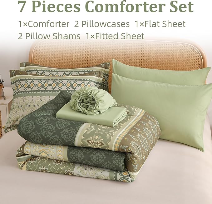 Boho Comforter Set Queen Size,7 Pieces Sage Green Bedding Set Bed in a Bag,Paisley Floral Comfortet and Sheet Set,Soft Striped Bohemian Comforter with Sheet for All Season