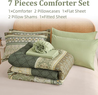 Boho Comforter Set Queen Size,7 Pieces Sage Green Bedding Set Bed in a Bag,Paisley Floral Comfortet and Sheet Set,Soft Striped Bohemian Comforter with Sheet for All Season