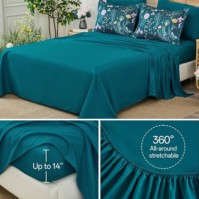 Yiran Teal Blue Comforter Set King Size, 7 Piece Floral Botanical Comforter Bedding Set, Farmhouse Bed in a Bag, Soft Microfiber Complete Bedding Set with Sheets for All Season