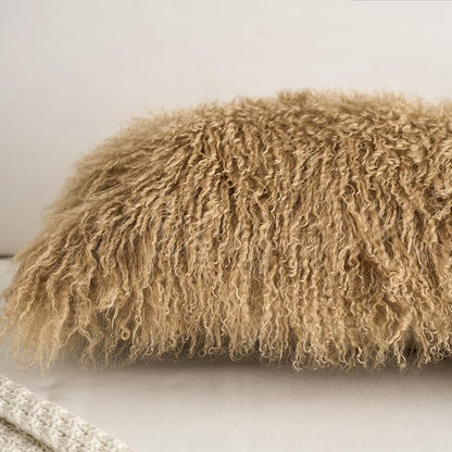 Genuine Mongolian Lamb Fur Pillow Cover – 12"x20" Rectangular Cushion Case – Soft Curly Wool Decorative Accent for Sofa, Bed, or Chair(Dark Beige)