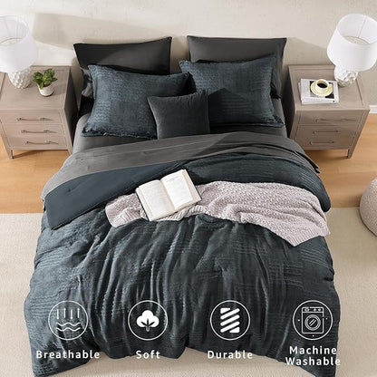 MaiRêve Full Size Comforter Sets Blue Grey, Textured Design Crinkle Bedding Sets 7 Pieces, All Season Bed in A Bag with Comforter, Sheets, Pillowcases & Shams