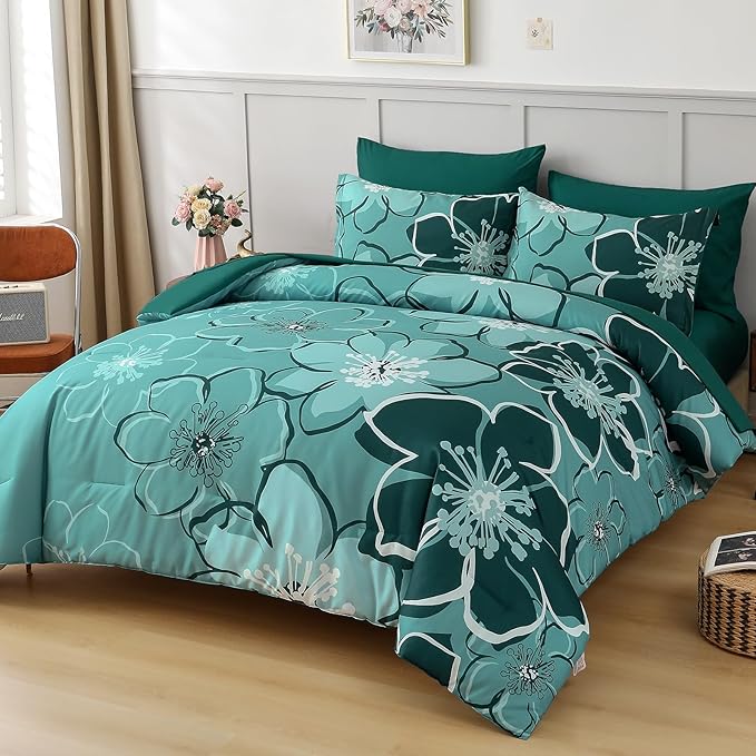 Anibedding 7Pieces Dark Green Floral Comforter Set Queen Size, Soft Microfiber Green Bed in a Bag Comforter Set with Sheets for All Season