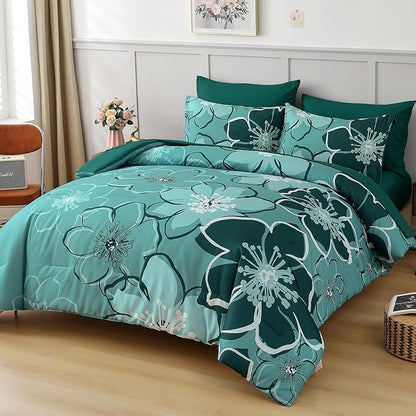 Anibedding 7Pieces Dark Green Floral Comforter Set Queen Size, Soft Microfiber Green Bed in a Bag Comforter Set with Sheets for All Season