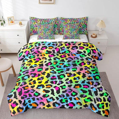 Feelyou Colourful Leopard Bedding Set for All Season Cheetah 7 Pieces Comforter Sets King Size Teens Room Decor Animal Print Bed in a Bag with Comforter, Sheets, Pillowcases & Cushion Cover