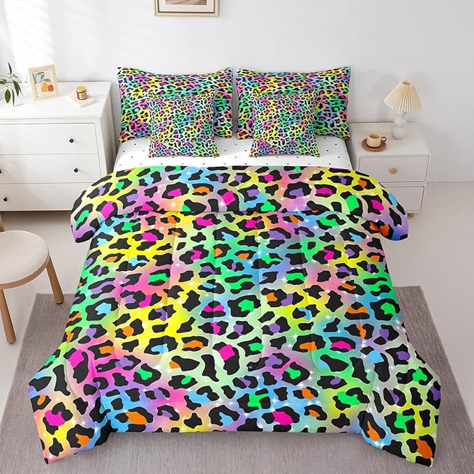 Feelyou Colourful Leopard Bedding Set for All Season Cheetah 7 Pieces Comforter Sets Queen Size Teens Room Decor Animal Print Bed in a Bag with Comforter, Sheets, Pillowcases & Cushion Cover