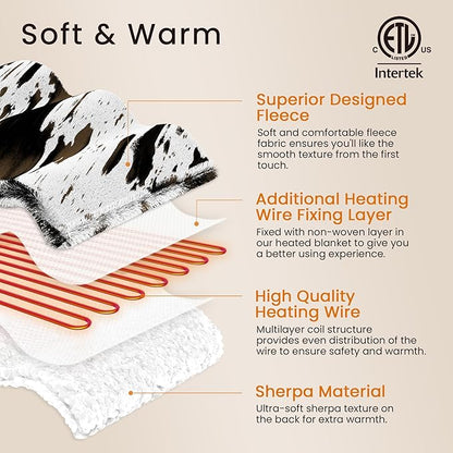 Cow Print Heated Throw Blanket Electric Blanket-Heating Blanket Throw with 10 Heat Levels & 10 Hours Auto-Off, Cozy Soft Fleece Sherpa, Washable, 50 x 60 Inches Cow Print Light Coral