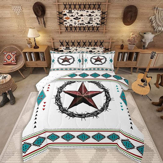 Erosebridal Western Decor Queen Comforter Set Boho Aztec Bedding Set for Kids Teens Adult Bedroom, Southwestern Texas Star Bedding Comforter Sets Exotic Tribal Geometric Quilt with 2 Pillow Cases