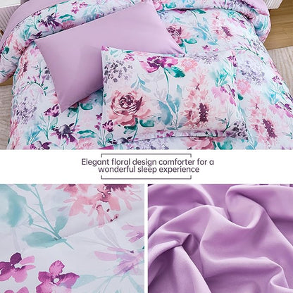 Luxudecor Floral Comforter Set King Size 7 Pieces Bed in a Bag, Purple Flower Watercolor Bed Set, Soft Comforter with Sheet Set 104"x90"