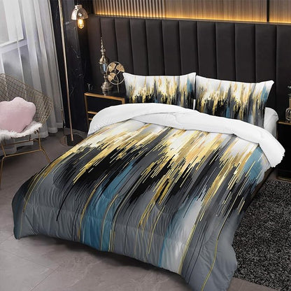 Black White Gold Gradient Color Print Comforter Set Queen Size,Abstract Art Bedding Set,Patchwork Printed Quilted Set for Teens Adult,with 1 Comforter and 2 Pillow Case