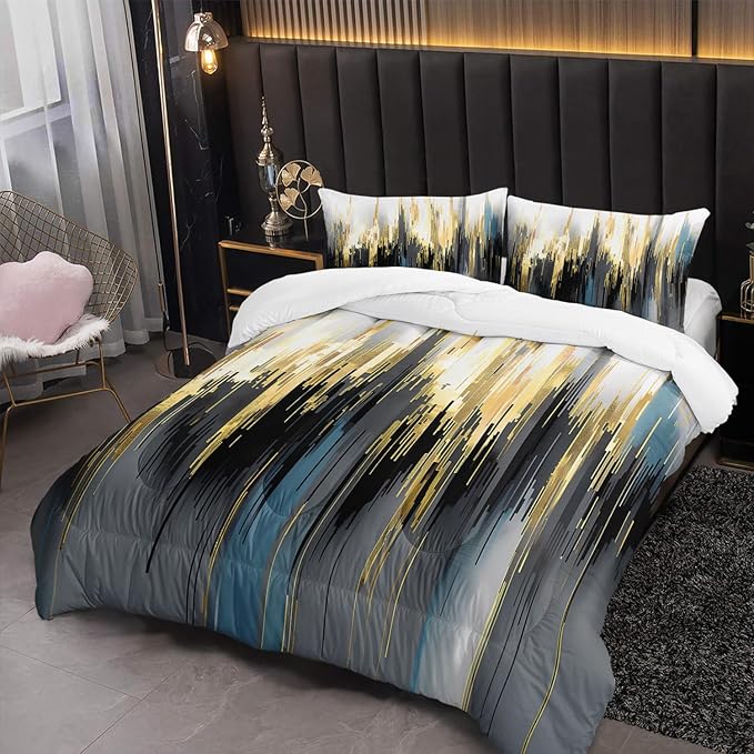 Black White Gold Gradient Color Print Comforter Set Full Size,Abstract Art Bedding Set,Patchwork Printed Quilted Set for Teens Adult,with 1 Comforter and 2 Pillow Case