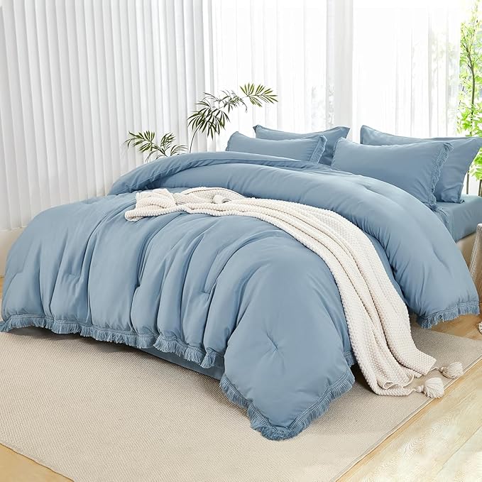 Andency Oversized King Comforter Set Grayish Blue 120x98-7 Pieces Boho Tassel Bed in a Bag Soft Lightweight Bedding Sets, Fringe All Season Bed Set with Comforter, Sheets, Pillowcases & Shams
