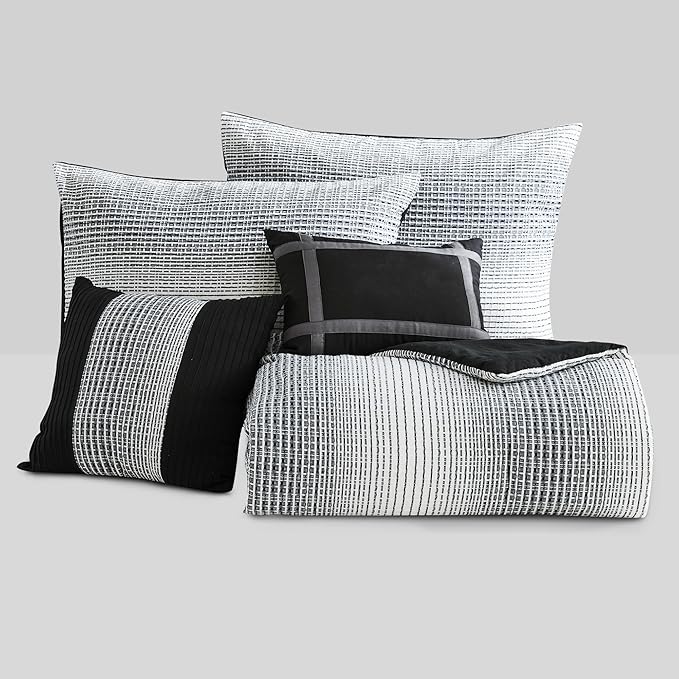 Wonderful Waffle Weave Comforter Set King, Striped Yarn-Dyed Textured Soft Breathable Reversible Cotton Comforter Set, 5 Piece White and Grey Fluffy Bedding Set with Pillow Shams, Decorative Pillows