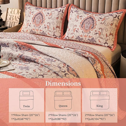 Bohemian King Size Quilt Comforter Bedding Set -3 Pieces Red Quilts (1 Quilt, 2 Pillow Shams) Bedding Set, All Season Lightweight Bedspreads Sleep Companion(Pink)