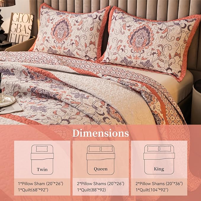 Bohemian Queen Size Quilt Comforter Sets 3 Pieces Quilts (1 Quilt, 2 Pillow Shams) Nordic Bedding Set Printed Coverlet with Pillowcase Lightweight Bedspread Set for All Seasons(Pink)