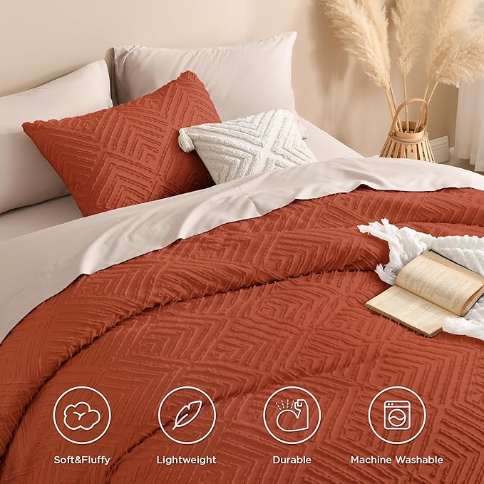 Andency Full Size Comforter Sets Burnt Orange, Boho Lightweight Full Bed Set, Terracotta Fluffy Bedding Set & Collections, 3 Pieces Rust Tufted Design (79x90Inches, 1 Comforter and 2 Pillow Shams)