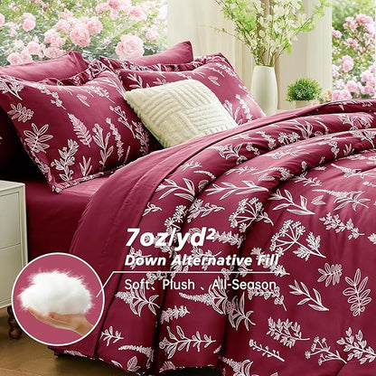 MUXHOMO Burgundy Full Comforter Set, Elegant Floral Print Bed in a Bag 7 Pieces, Ultra Soft & Breathable Reversible Botanical Pattern Bedding Set with Comforter, Sheets, Pillowcases, and Shams