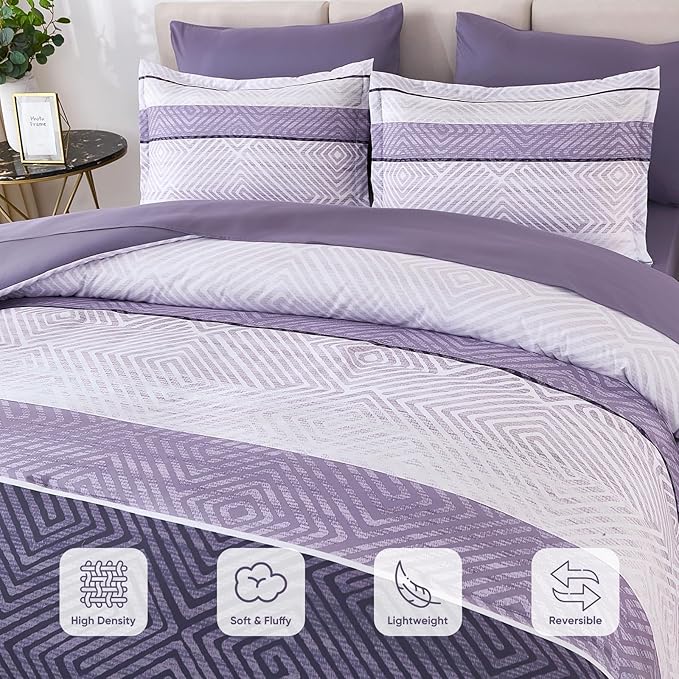 Drucon Purple Comforter Set King Size 7 Piece Bed in a Bag, Boho Striped Bedding Set, Soft Microfiber Comforter and Sheet Set for All Season (King, 104"x90")