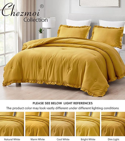 Chezmoi Collection Nora Mustard Yellow Comforter Set Queen Size 3-Piece Lightweight Fluffy Soft Lightweight Bedding Ruffled Edge Trim Stone-Washed Microfiber Comforter Set for All Season