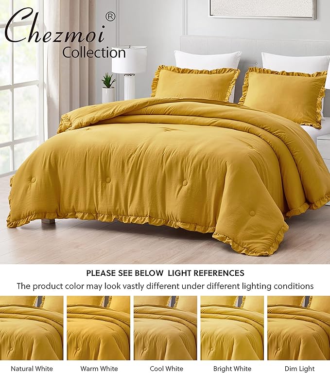 Chezmoi Collection Nora Mustard Yellow Comforter Set Full Size 3-Piece Fluffy Soft Lightweight Bedding Ruffled Edge Trim Stone-Washed Microfiber Comforter Set for All Season