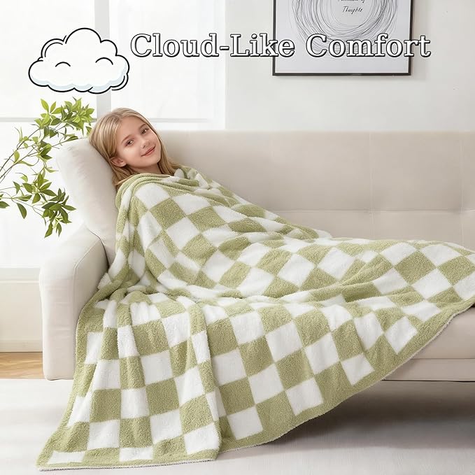 MorroMorn Checkered Throw Blanket for Couch, Green Throw Blanket 2-Layers Soft Cozy Fleece Plaid Blankets Checkerboard Grid - Fluffy Fuzzy Plush Warm for Sofa Chair Bed Decor Gifts, 50x60 inches
