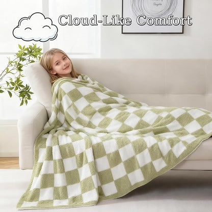 MorroMorn Checkered Throw Blanket for Couch, Green Throw Blanket 2-Layers Soft Cozy Fleece Plaid Blankets Checkerboard Grid - Fluffy Fuzzy Plush Warm for Sofa Chair Bed Decor Gifts, 50x60 inches