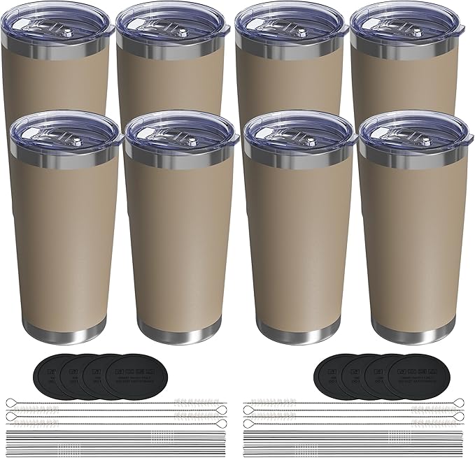 Travel Coffee Tumbler 20oz, 8 Pack Leakproof Travel Coffee Mug with Lid and Straw, Stainless Steel Double Wall Vacuum Insulated Tumbler for Hot/Iced Drinks (Textured Matte, Brown)