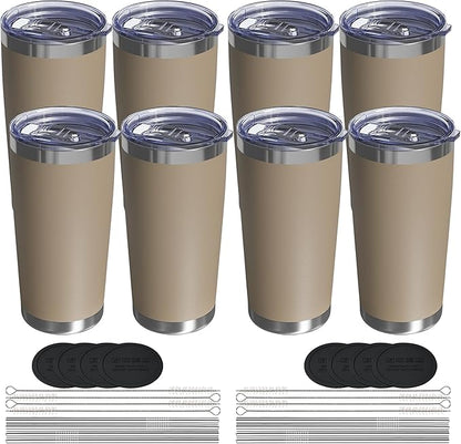 Travel Coffee Tumbler 20oz, 8 Pack Leakproof Travel Coffee Mug with Lid and Straw, Stainless Steel Double Wall Vacuum Insulated Tumbler for Hot/Iced Drinks (Textured Matte, Brown)