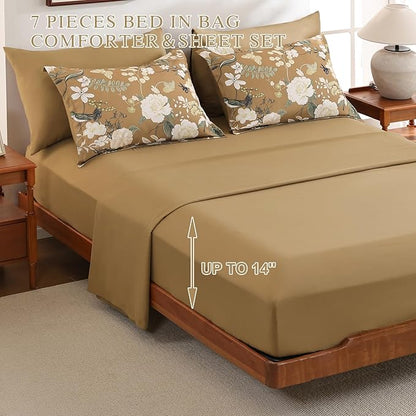 Anibedding 7Pieces Floral King Size Comforter Set, Garden Plant Style Bed in a Bag Brown White Flower Bedding Comforter Set with Pillow Case for Bedroom