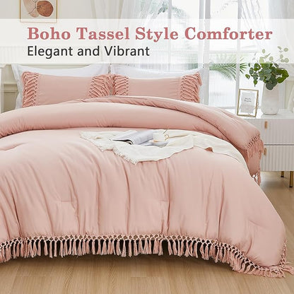 Andency Pink Comforter Set King, 3 Pieces Boho Tassel Lightweight Soft Bedding Comforter Sets for King Bed, All Season Fluffy Fringe Bed Set (104x90In Comforter & 2 Pillowcases)
