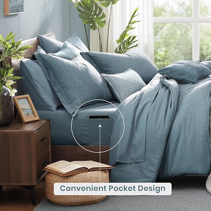 Monbix King Size Comforter Set,7 Pieces Dusty Blue Cationic Dyeing Bed in a Bag King with Comforter, Sheets, Pillowcases & Shams, All Season Reversible Bedding Comforters