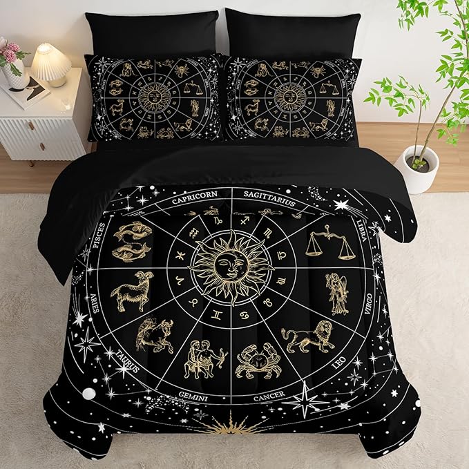 7 Piece Comforter Set Queen Galaxy，Celestial Bedding Set Queen Galaxy，(1 Comforter, 1 Flat Sheet, 1 Fitted Sheet, 2 Pillowcase and 2 Pillow Sham)
