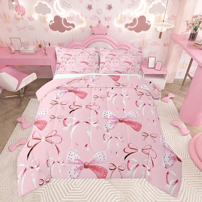 Feelyou Pink Girls Bow Bedding Set Boys Girls Queen Size Bow Comforter Set for Kids Women Men Ultra Soft Cute Bowknot Comforter Lovely Duvet Set