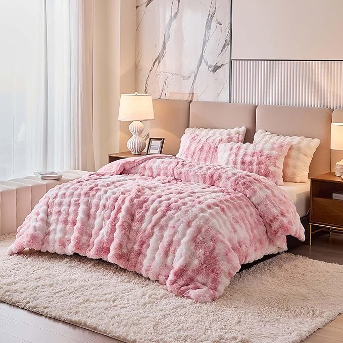 King Faux Rabbit Fur Comforter Set - 3 Pieces Fluffy Bedding Set Ultra Soft Warm Shaggy Plush Winter Flannel Bedding Set for Girls Women, Skin Friendly Sherpa Comforter Bed Set & 2 Pillow Shams Pink