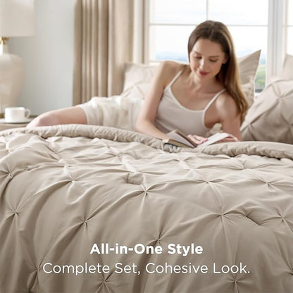 Bedsure Queen Comforter Set Beige - Bed in a Bag Queen Size Bedding 7 Pieces, GentleSoft™ Pintuck Bed Set Gift for Family, Pinch Pleat All Season Comforter with Sheets, Pillowcases & Shams