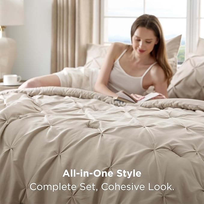 Bedsure King Size Comforter Set Beige - Bed in a Bag Bedding Set 7 Pieces, GentleSoft™ Pintuck Bed Set Gift for Family, Pinch Pleat Beige Comforter with Sheets, Pillowcases & Shams