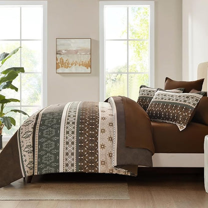WONGS BEDDING Boho Comforter Set King, 7 Pieces Brown Comforter and Sheet Set,Bohemian Striped Floral Pattern Comforter Bedding Set,Soft Microfiber Bed in a Bag for All Season