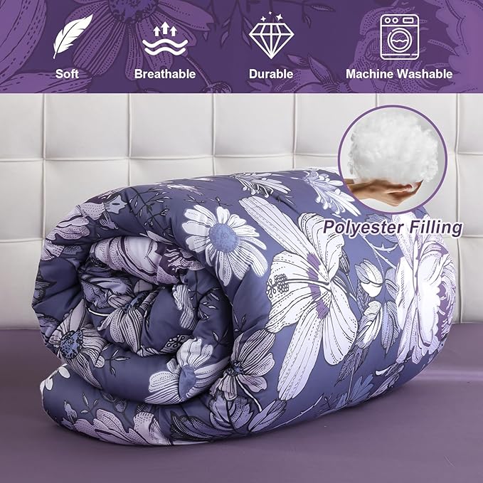 Luxudecor Queen Comforter Set 7 Pieces Bedding Sets,Grayish Purple Floral Comforter and Sheet Set, Soft Microfiber Bed in a Bag for All Seasons (Grayish Purple,90"x90")