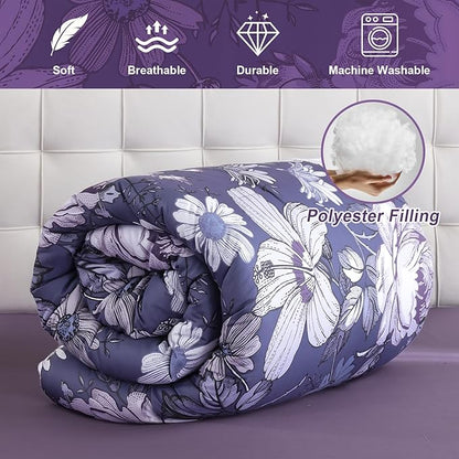 Luxudecor Queen Comforter Set 7 Pieces Bedding Sets,Grayish Purple Floral Comforter and Sheet Set, Soft Microfiber Bed in a Bag for All Seasons (Grayish Purple,90"x90")