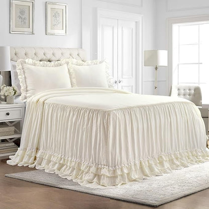 Lush Decor Ella Ruffle Lace Bedspread, 3 Piece Set, Queen, Neutral - Cute Bed Set - Queen Bedding - Beige Bedding - Coquette Decor - Neutral Ruffle Trim - Beige Lace Trim