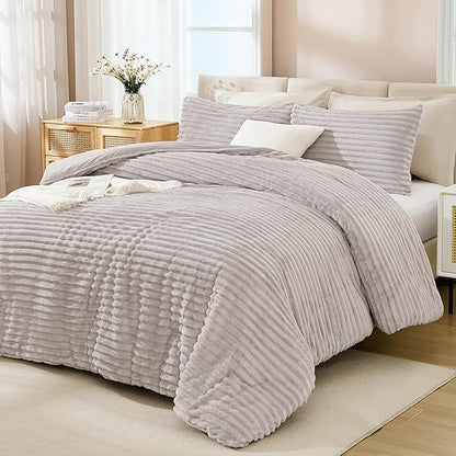 Andency Fleece Queen Comforter Set, 3 Pieces Linen Grey Comforter Set for Queen Size Bed, Soft Warm Fluffy Fuzzy Linen Gray Bedding Set for Winter (1 Comforter & 2 Pillowcases)