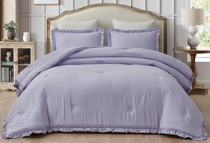 Chezmoi Collection Nora Lavender Comforter Set Queen Size 3-Piece Lightweight Fluffy Soft Lightweight Bedding Ruffled Edge Trim Stone-Washed Microfiber Comforter Set for All Season