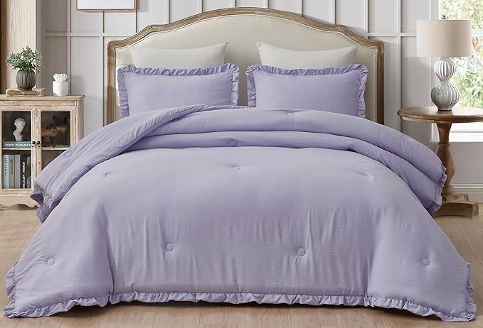 Chezmoi Collection Nora Lavender Comforter Set King Size 3-Piece Fluffy Soft Lightweight Bedding Ruffled Edge Trim Stone-Washed Microfiber Comforter Set for All Season