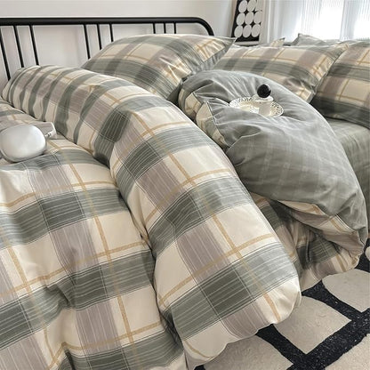 VM VOUGEMARKET Teen Boys Comforter Set Twin XL Green Plaid Gingham Down Comforter with 2 Pillowcases,Modern Cozy Bedding Quilt Set 68"x90"