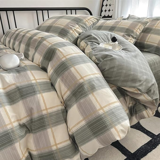 VM VOUGEMARKET Green Plaid Comforter Set Queen,3 Pieces Gingham Comforter with 2 Pillowcases for Men Boys Simple Modern Bedding Set (90"x90")