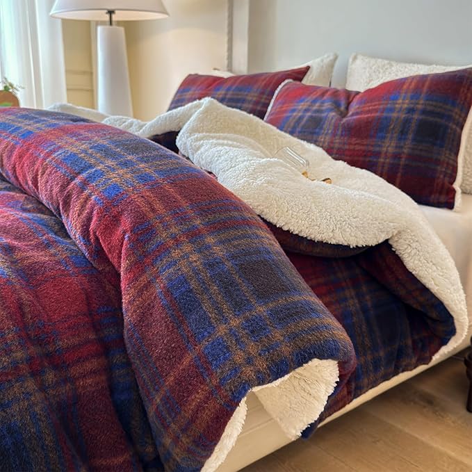Cyusri Plaid Sherpa Comforter Set 3Pcs Fluffy Warm Fleece Down Alternative, Red Blue Grid Pattern Bedding Set with 2 Pillowcases, Queen Size 90"x90"