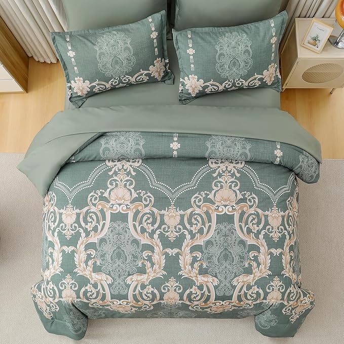 Mybedsoul Sage Green Queen Comforter Set, 7 Pieces Boho Bed in a Bag for Queen Bed, Damask Comforter with Sheets Pillowcases, Soft Microfiber Lightweight Bedding Sets for All Season(90"x90")