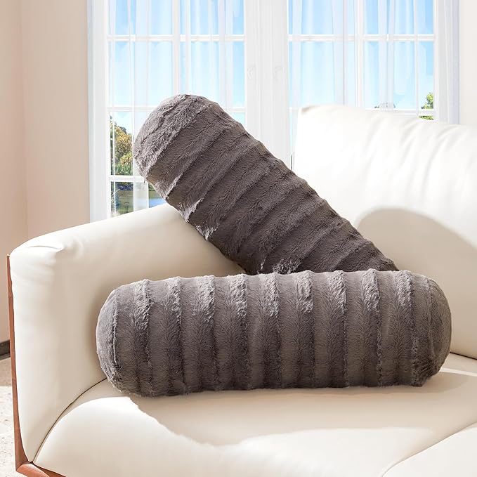 Cheer Collection Faux Fur Bolster Pillows – Soft Decorative Cylinder Pillows for Bed or Couch, Machine Washable – 8” x 24”, Set of 2, Gray