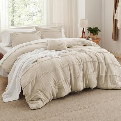 Bedsure Twin Comforter Set - 3 Pieces Pinch Pleat Bed Set, Linen Boho Bedding for All Season, 1 Soft Comforter, 1 Pillowcase, 1 Decorative Pillow