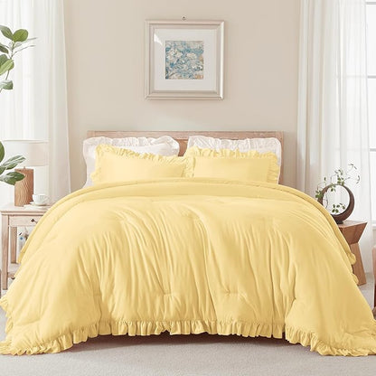 Andency Yellow Ruffle Comforter Cal King(104x96Inch), 3 Pieces(1 Ruffled Comforter and 2 Pillowcases) Solid Farmhouse Shabby Chic Bed, Vintage Rustic Soft Microfiber Bedding Set